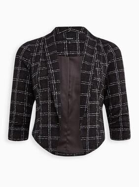 Torrid Size 3 Black Plaid Crepe Ruched Sleeve Open Front Blazer Career Jacket